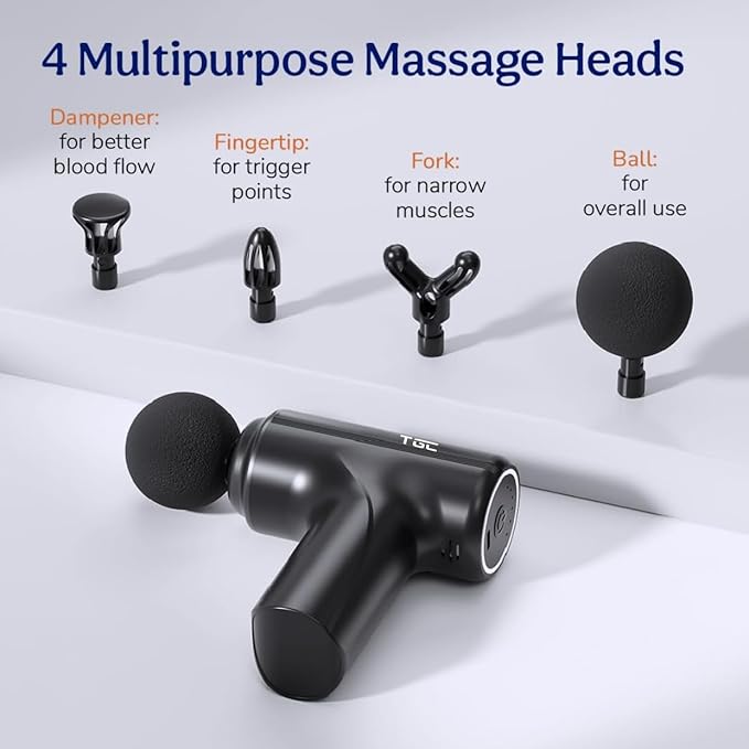 Massage Gun Deep Tissue Percussion Massager for Pain Relief, High Torque Motor, 6 Speed Levels, 4 Heads, Silent Cordless Muscle Massager for Gym & Home