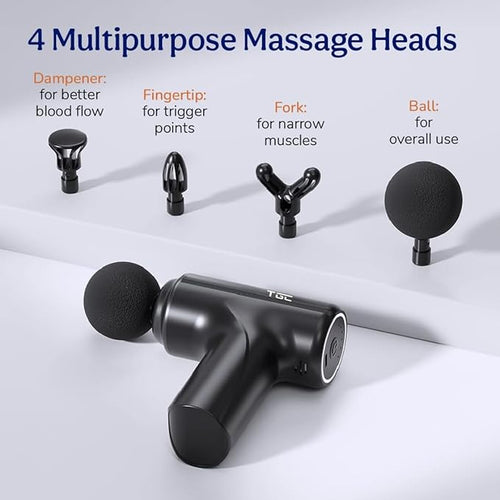 Massage Gun Deep Tissue Percussion Massager for Pain Relief, High Torque Motor, 6 Speed Levels, 4 Heads, Silent Cordless Muscle Massager for Gym & Home